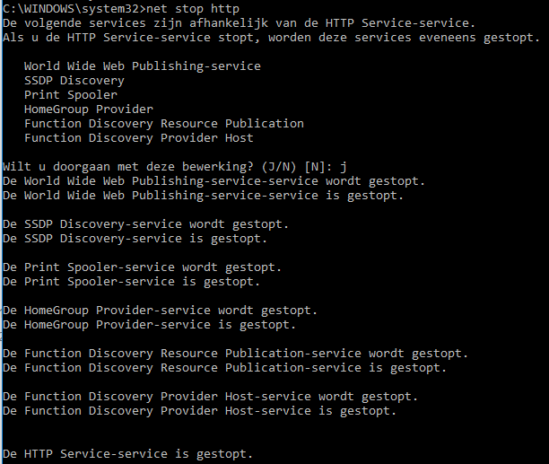 net stop http in Windows 10 (in dutch)